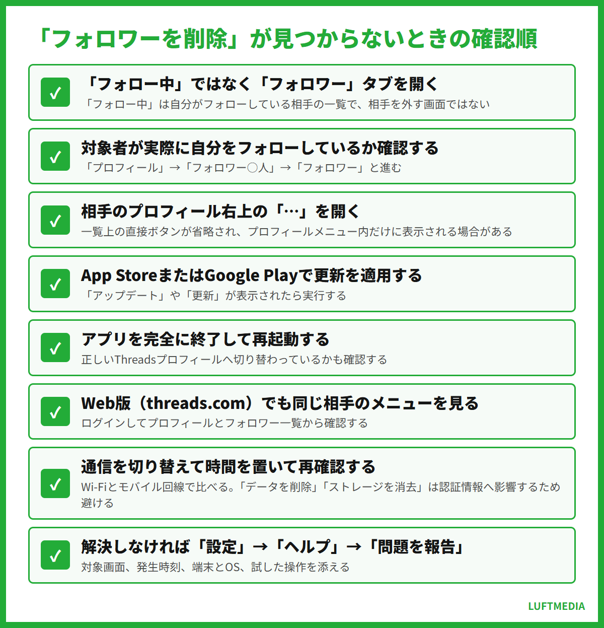 threads フォロワー削除 「フォロワーを削除」が見つからないときの確認順